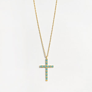 Enamel Cross Pendant (Aquamarine) - Gold